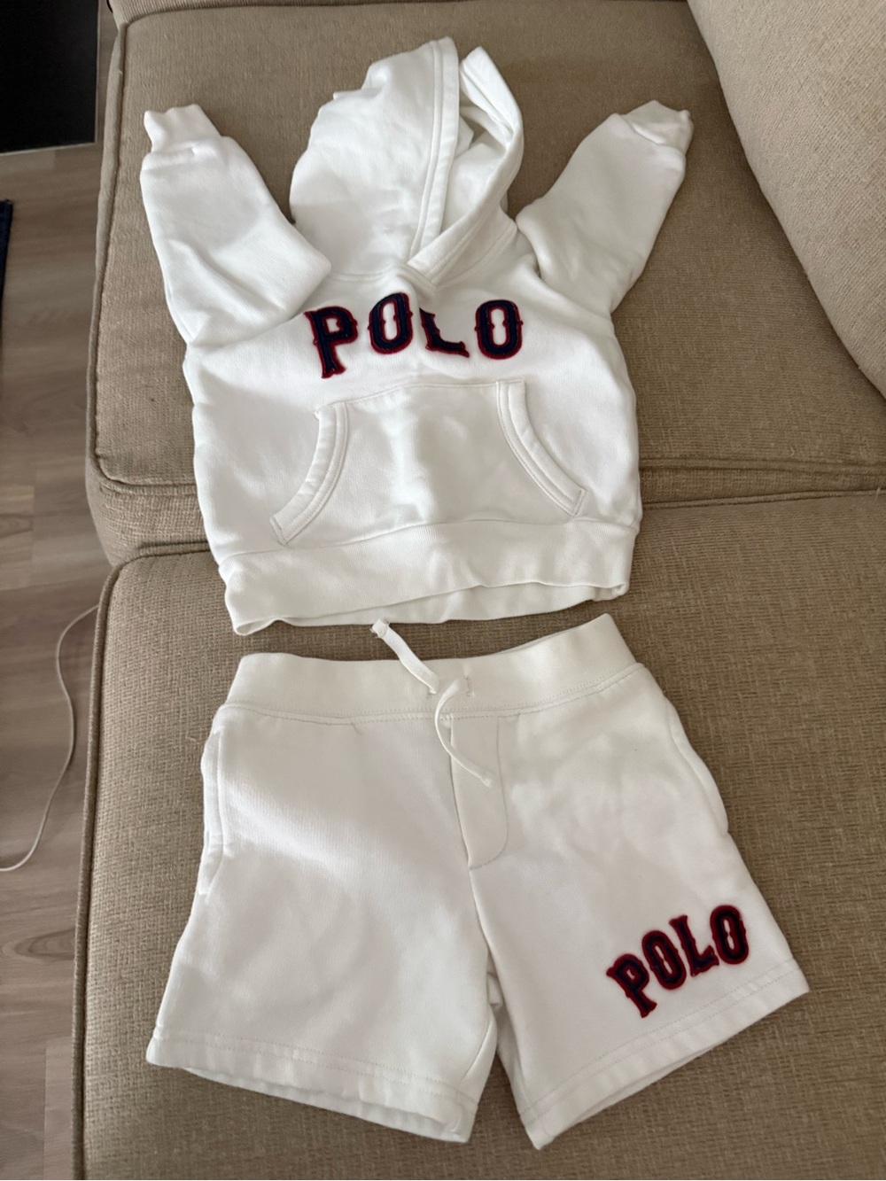 Toddler boys Polo by Ralph Lauren White Hoodie & Shorts Set with Navy Red Logo